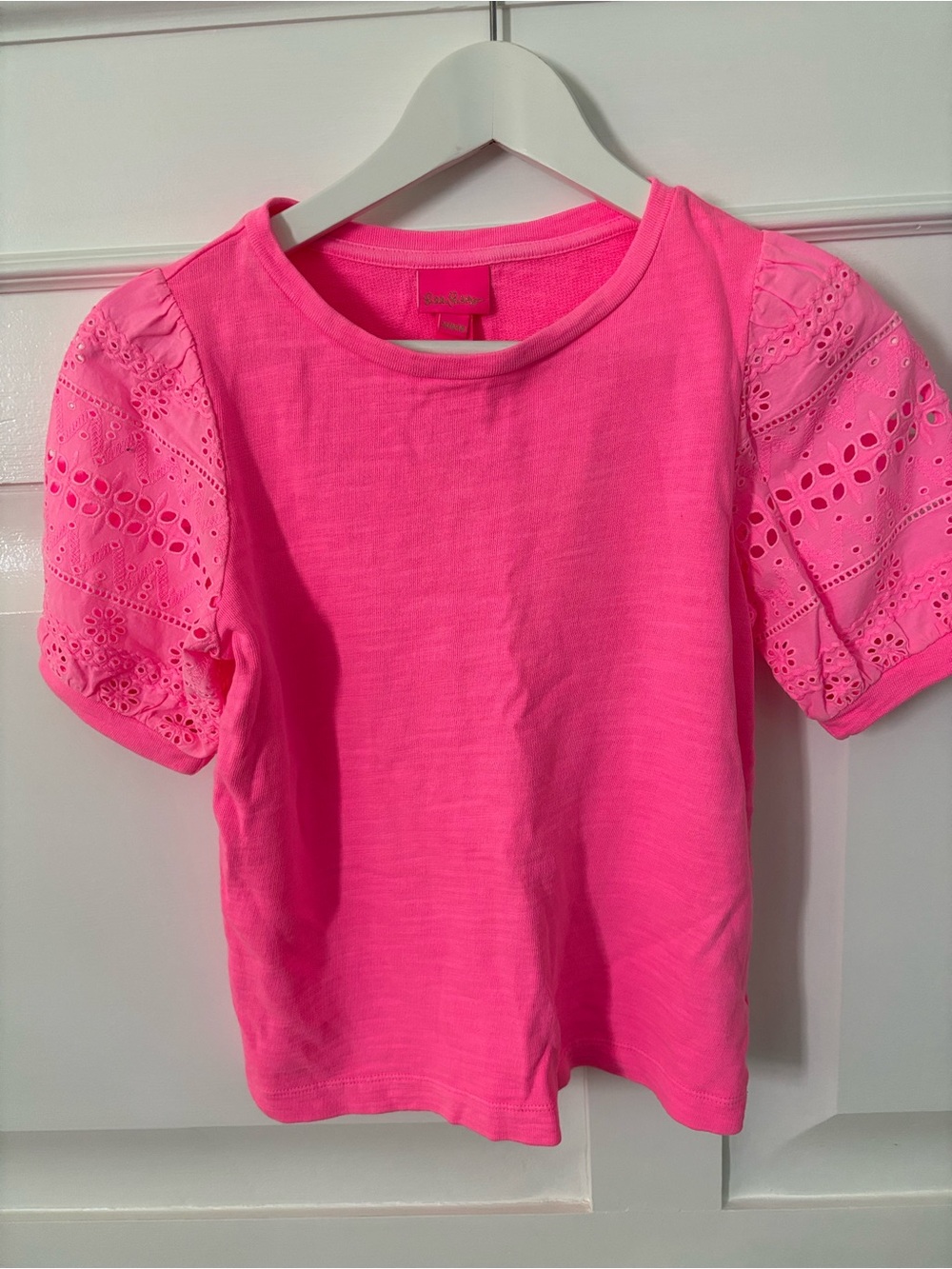 Lilly Pulitzer Girls Bright Pink Eyelet Puff Sleeve Tee